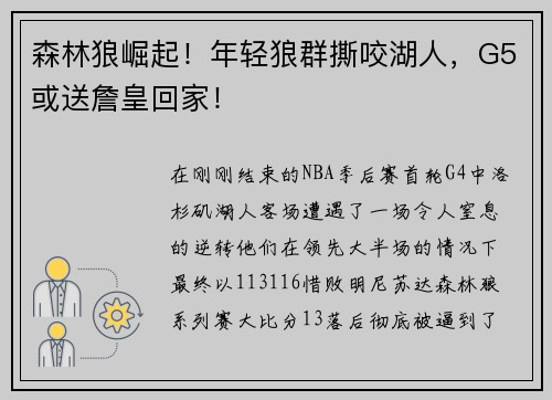 森林狼崛起！年轻狼群撕咬湖人，G5或送詹皇回家！